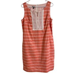 Talbots Women Size 8 Sleeveless Shift Dress Coral Linen Blend Crochet Trim Lined